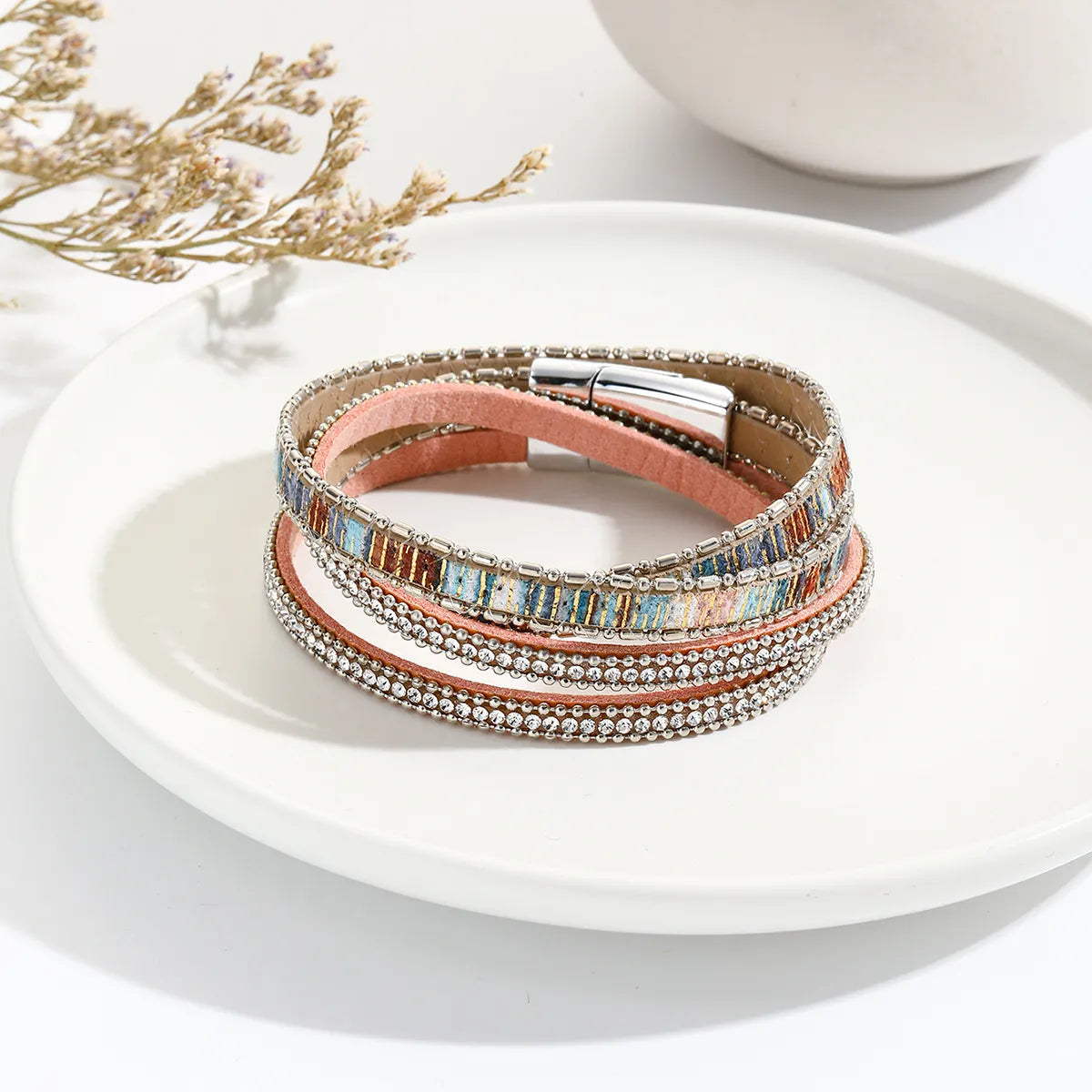 Casual Bohemian Geometric Pu Leather Alloy Plating Inlay Rhinestones Women'S Bracelets