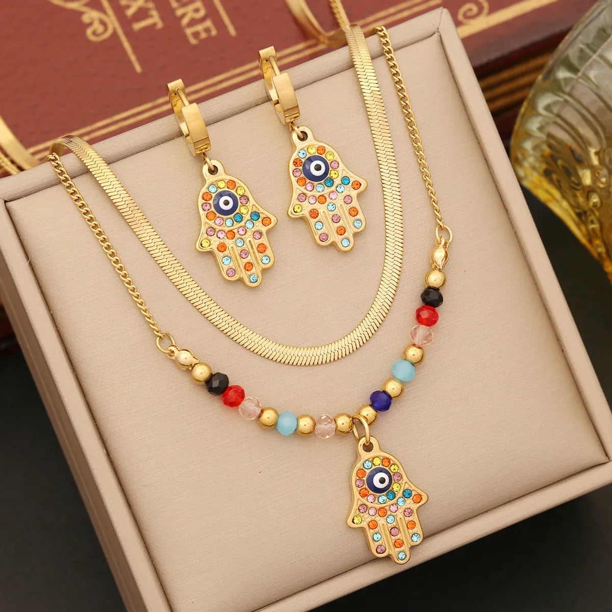 Casual Bohemian Palm Eye Stainless Steel Enamel Plating Inlay Artificial Crystal Earrings Necklace