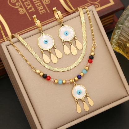 Casual Bohemian Palm Eye Stainless Steel Enamel Plating Inlay Artificial Crystal Earrings Necklace