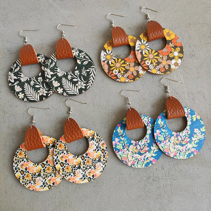 Casual Bohemian Round Flower Leopard Pu Leather Wood Steel Hollow Out Women's Drop Earrings