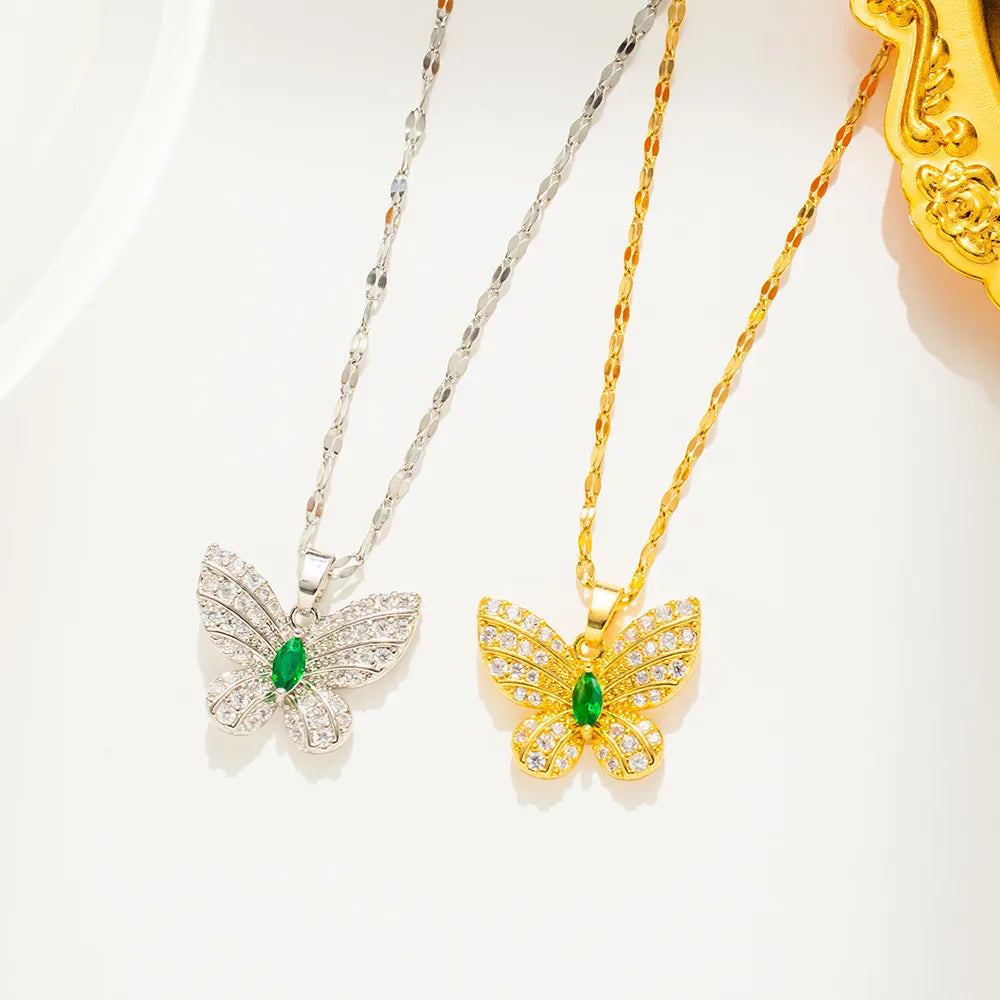 Casual Butterfly Titanium Steel Plating Inlay Zircon Pendant Necklace