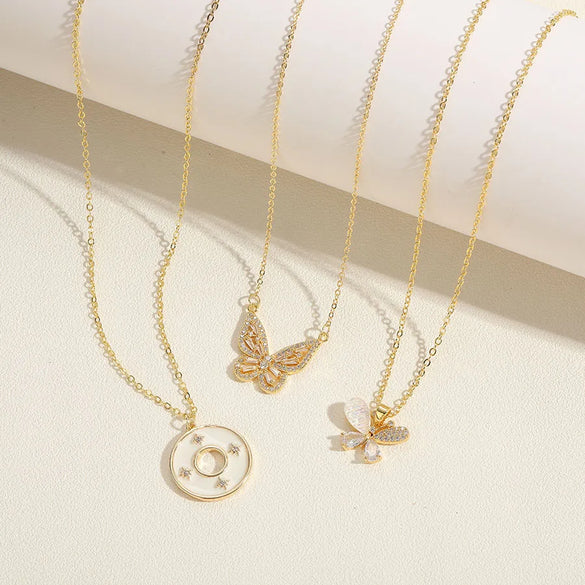 Casual Classic Style Four Leaf Clover Butterfly Copper Plating Inlay Zircon 14k Gold Plated Pendant Necklace