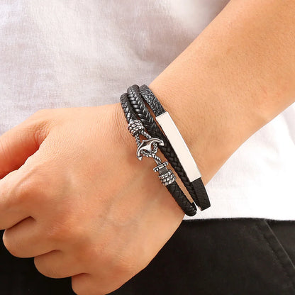 Casual Classical Solid Color Anchor Stainless Steel Pu Leather Handmade Men'S Bangle