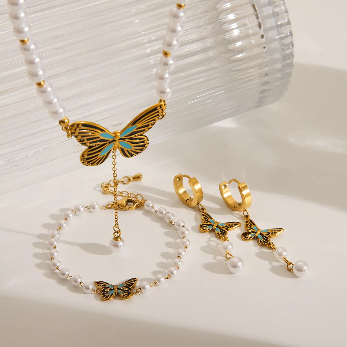 Casual Commute IG Style Butterfly 304 Stainless Steel Artificial Pearl Epoxy Inlay Artificial Pearls 18K Gold Plated Women'S Bracelets Earrings Necklace