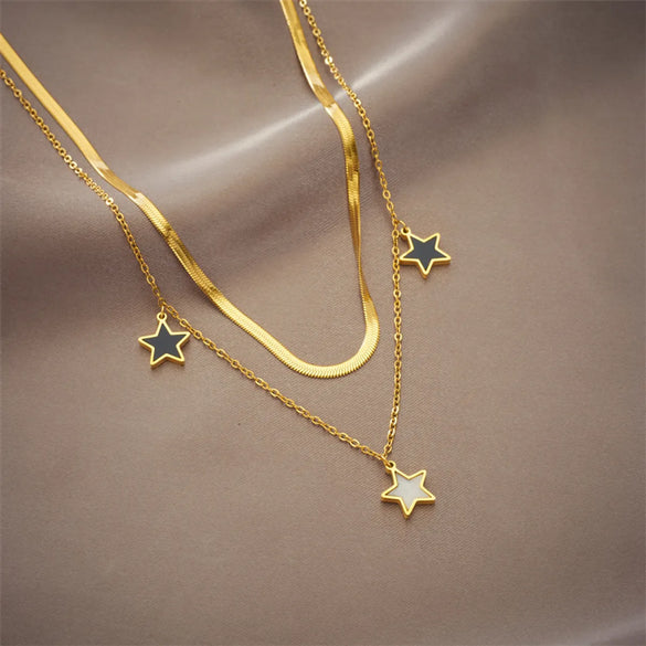 Casual Commute Pentagram Titanium Steel Epoxy Plating 18k Gold Plated Layered Necklaces