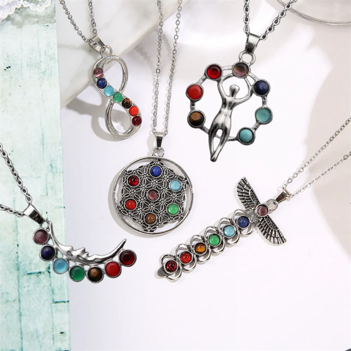 Casual Cool Style Hexagon Cross Moon Stainless Steel Plating Inlay Gem Pendant Necklace Long Necklace