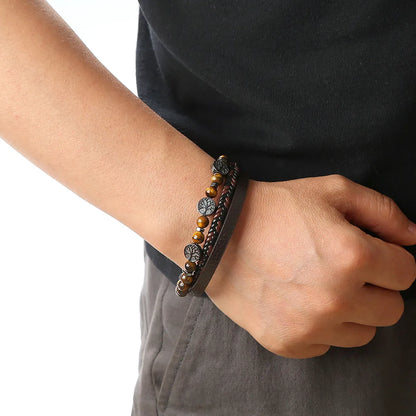 Casual Cool Style Tree Pu Leather Alloy Natural Stone Beaded Magnetic Braid Men'S Bracelets