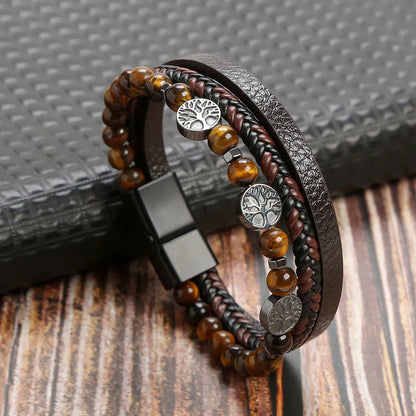 Casual Cool Style Tree Pu Leather Alloy Natural Stone Beaded Magnetic Braid Men'S Bracelets