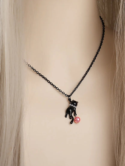 Casual Cute Cat Alloy Three-dimensional Inlay Artificial Pearls Women's Pendant Necklace