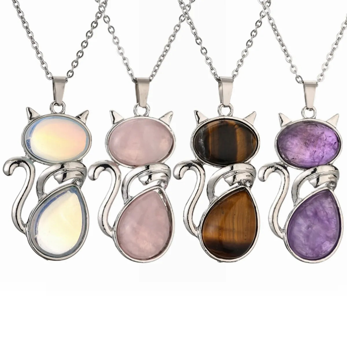 Casual Cute Cat Stainless Steel Plating Inlay Natural Stone Crystal Glass Pendant Necklace Long Necklace