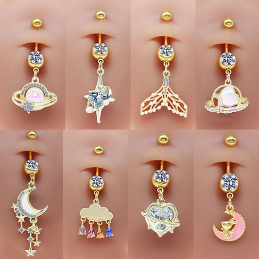 Casual Cute Commute Sunflower Starry Sky Snowflake Stainless Steel Copper Plating Inlay Rhinestones Zircon White Gold Plated Gold Plated Belly Ring