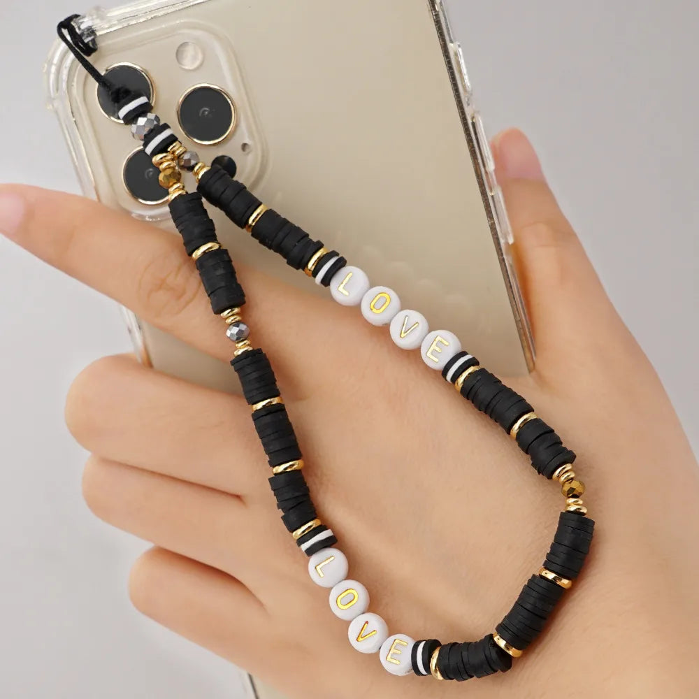 Casual Cute Letter Heart Shape Soft Clay Beaded Mobile Phone Chain