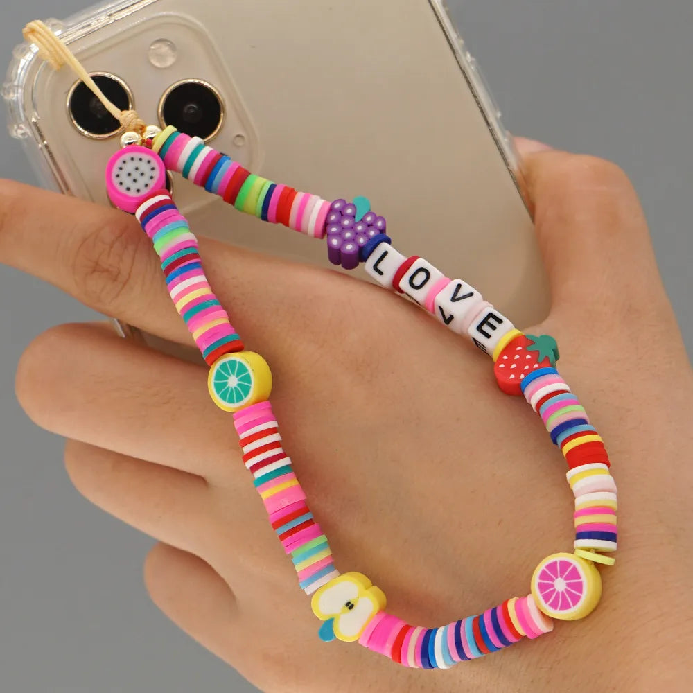 Casual Cute Letter Heart Shape Soft Clay Beaded Mobile Phone Chain