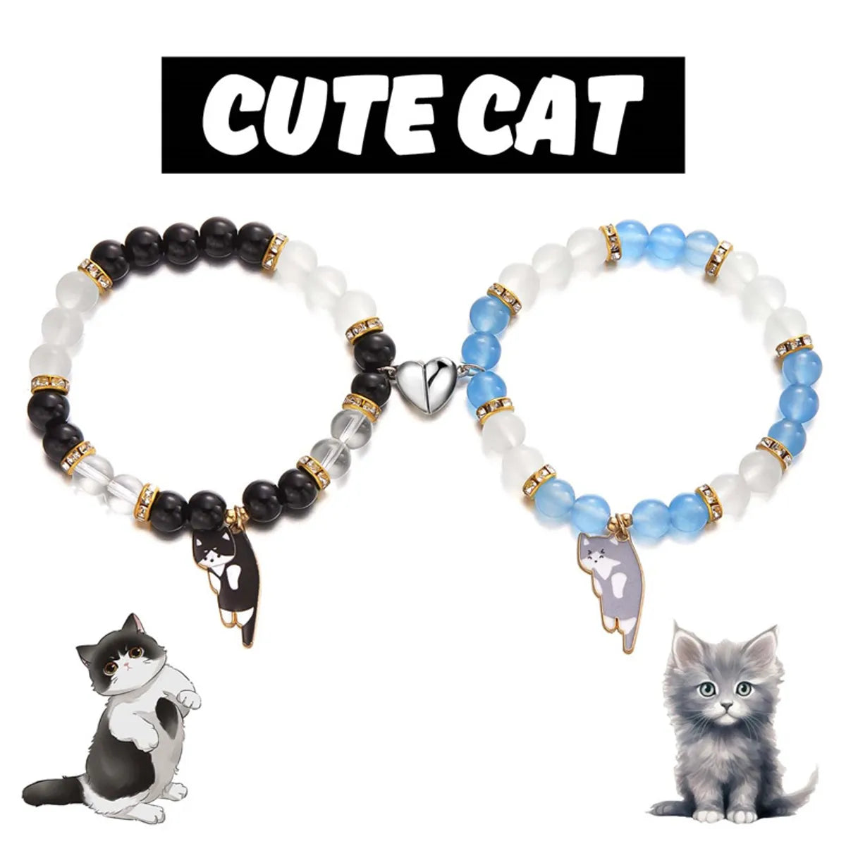 Casual Cute Simple Style Heart Shape Cat Artificial Rhinestones Alloy Glass Wholesale Bracelets