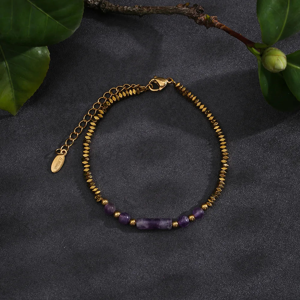 Casual Cute Solid Color Stainless Steel Natural Stone Haematite Beaded Plating Gold Plated Women'S Bangle