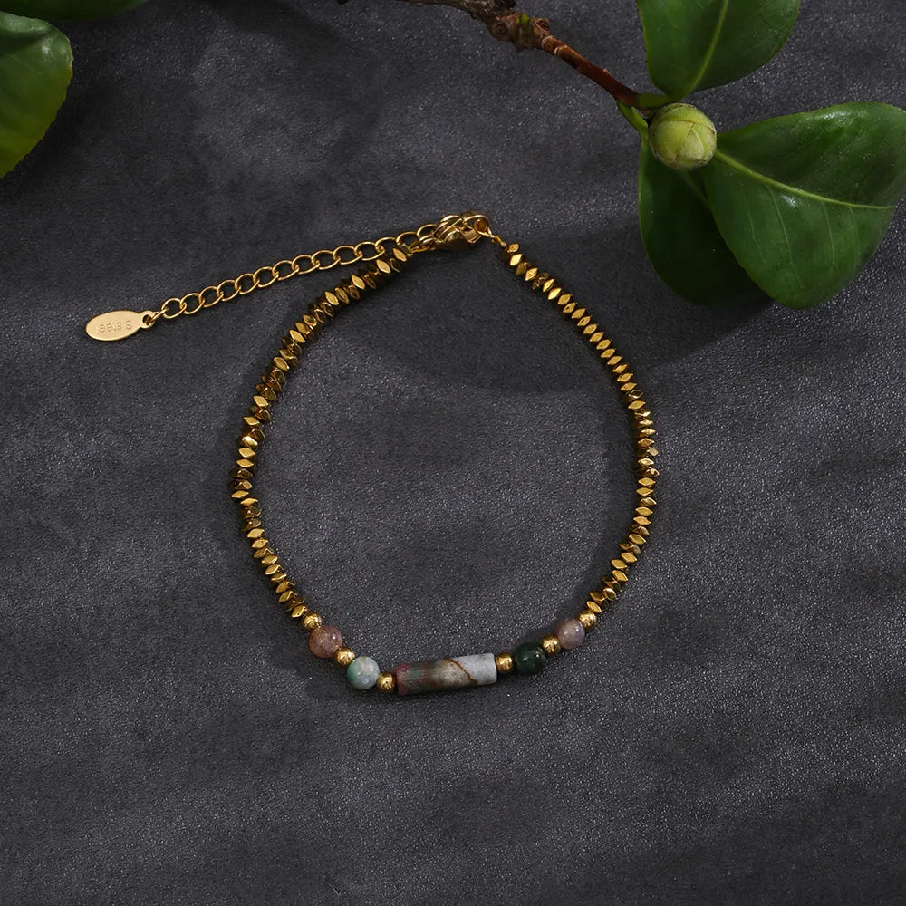 Casual Cute Solid Color Stainless Steel Natural Stone Haematite Beaded Plating Gold Plated Women'S Bangle