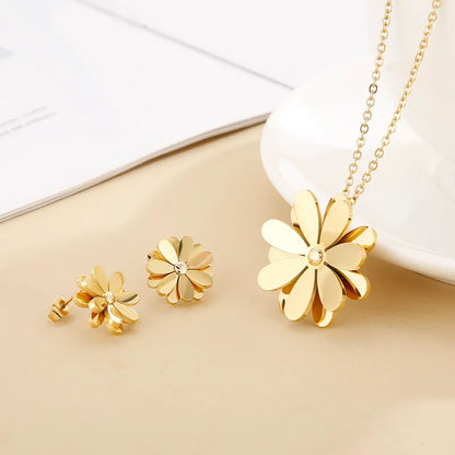 Wholesale Jewelry Casual Daisy Titanium Steel 18K Gold Plated Plating Jewelry Set