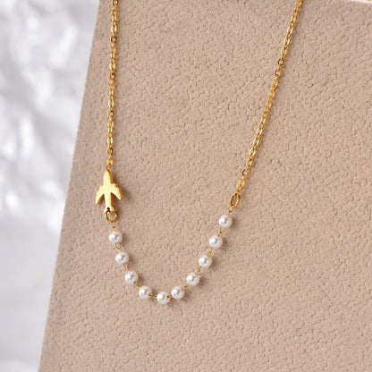 Casual Elegant Airplane Stainless Steel Artificial Pearl Polishing Plating 14k Gold Plated Necklace