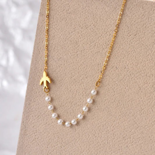 Casual Elegant Airplane Stainless Steel Artificial Pearl Polishing Plating 14k Gold Plated Necklace