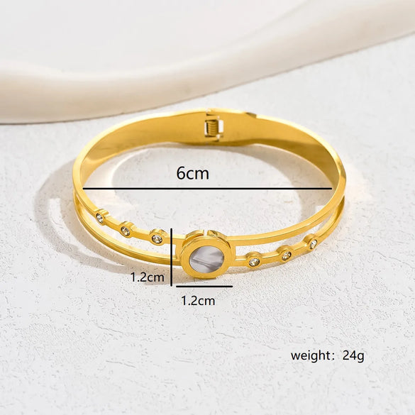 Casual Elegant Basic Heart Shape Stainless Steel Asymmetrical Hollow Out Inlay Shell 18k Gold Plated Bangle