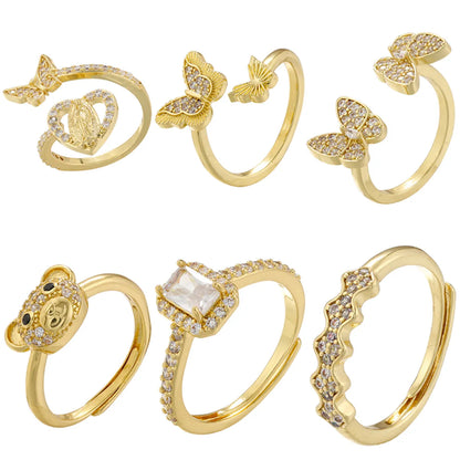 Casual Elegant Butterfly Copper Plating Inlay Zircon 18k Gold Plated Open Rings