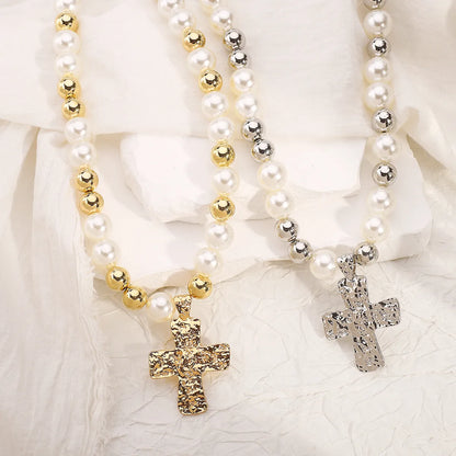 Casual Elegant Cross CCB Imitation Pearl Alloy Wholesale Pendant Necklace