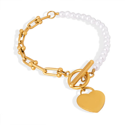 Casual Elegant French Style Heart Shape Artificial Pearl Titanium Steel Beaded Plating 18k Gold Plated Bracelets