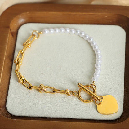 Casual Elegant French Style Heart Shape Artificial Pearl Titanium Steel Beaded Plating 18k Gold Plated Bracelets