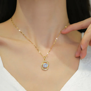 Wholesale Casual Elegant Lady Geometric Titanium Steel Copper Inlay Artificial Gemstones Pendant Necklace