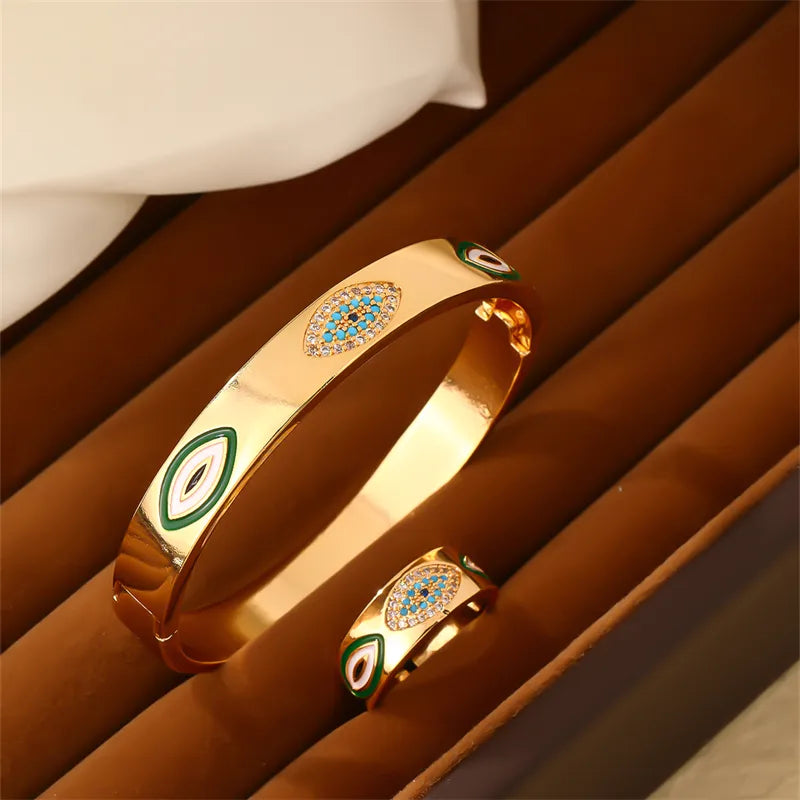 Copper Casual Elegant Enamel Plating Inlay Round Devil'S Eye Zircon Rings Bracelets