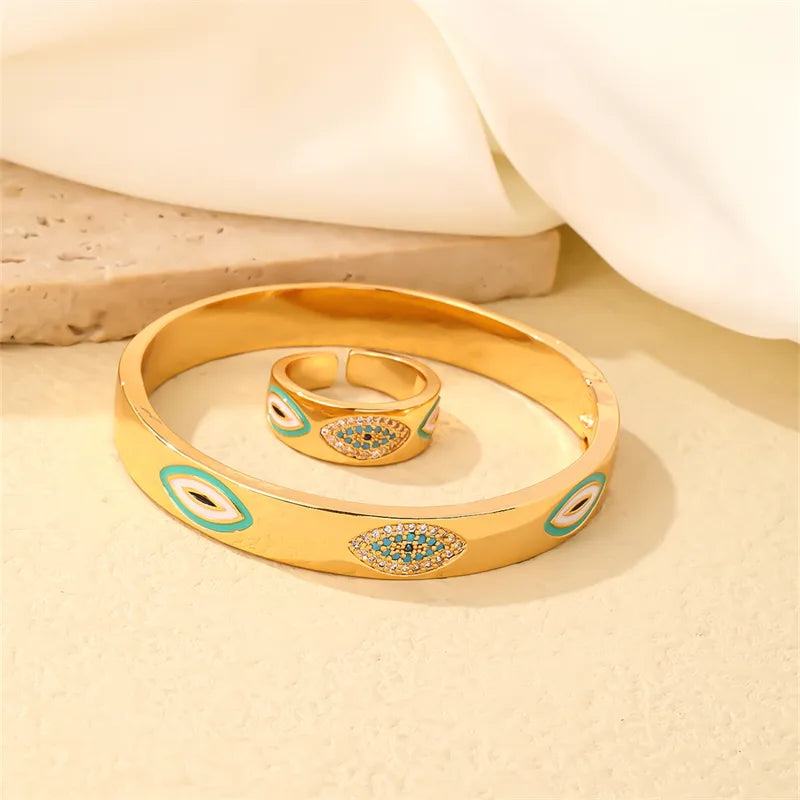 Copper Casual Elegant Enamel Plating Inlay Round Devil'S Eye Zircon Rings Bracelets