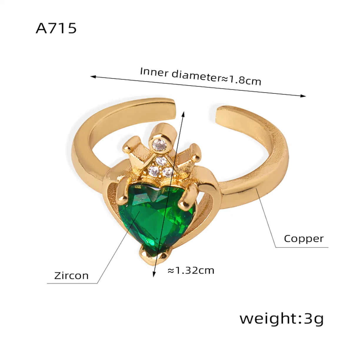 Casual Elegant Simple Style Heart Shape Crown Copper Plating Inlay Zircon 18k Gold Plated Open Rings