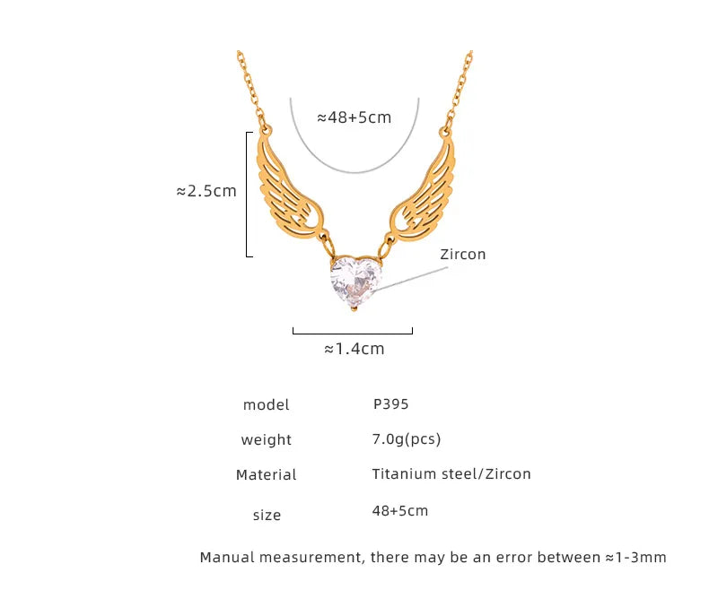 Wholesale Jewelry Casual Elegant Simple Style Heart Shape Wings Titanium Steel Zircon 18K Gold Plated Plating Hollow Out Inlay Pendant Necklace