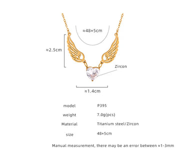 Wholesale Jewelry Casual Elegant Simple Style Heart Shape Wings Titanium Steel Zircon 18K Gold Plated Plating Hollow Out Inlay Pendant Necklace