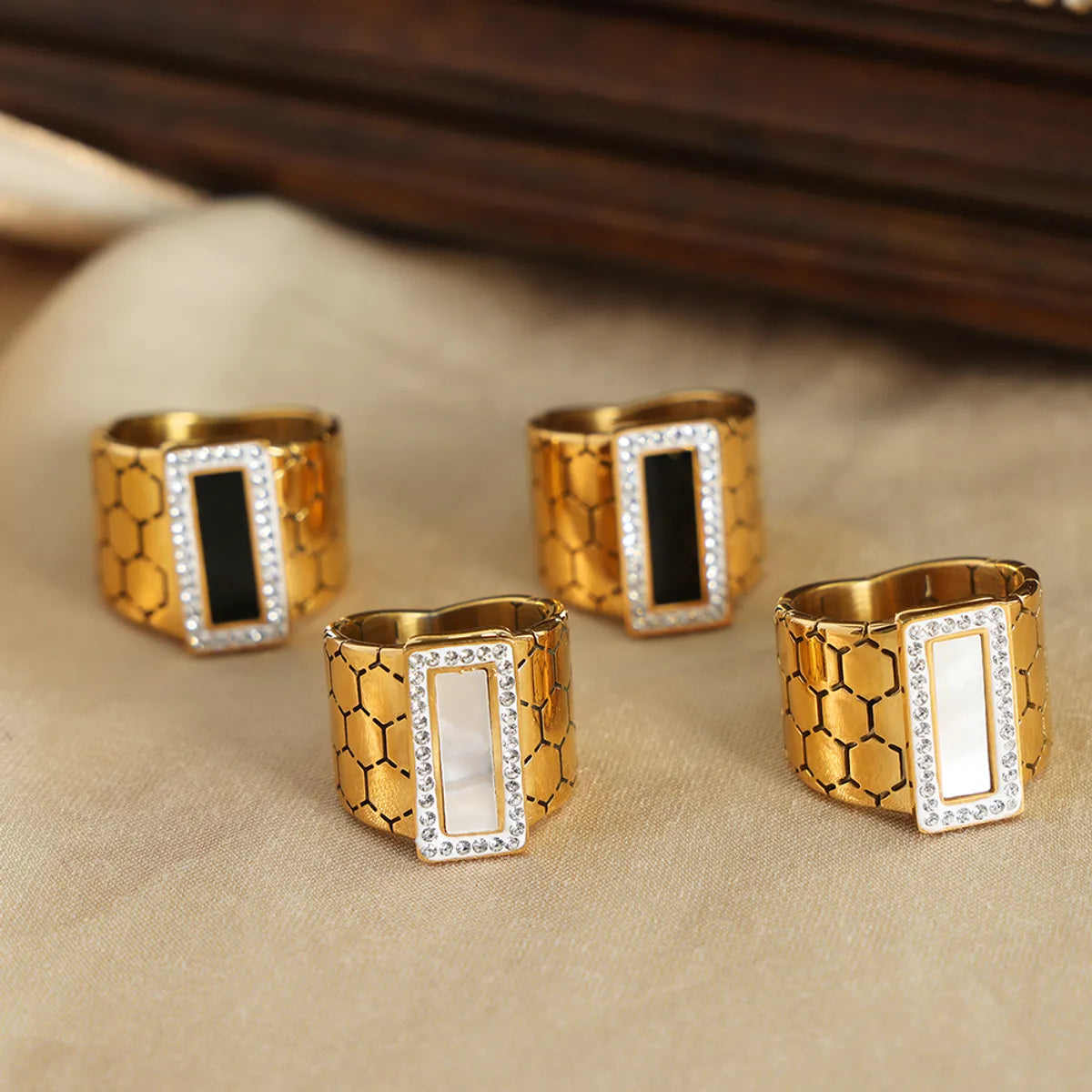 Casual Elegant Simple Style Hexagon Rectangle Titanium Steel Plating Inlay Acrylic Turquoise Shell 18k Gold Plated Rings