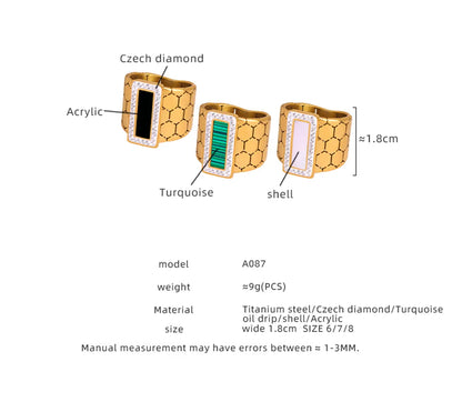 Casual Elegant Simple Style Hexagon Rectangle Titanium Steel Plating Inlay Acrylic Turquoise Shell 18k Gold Plated Rings