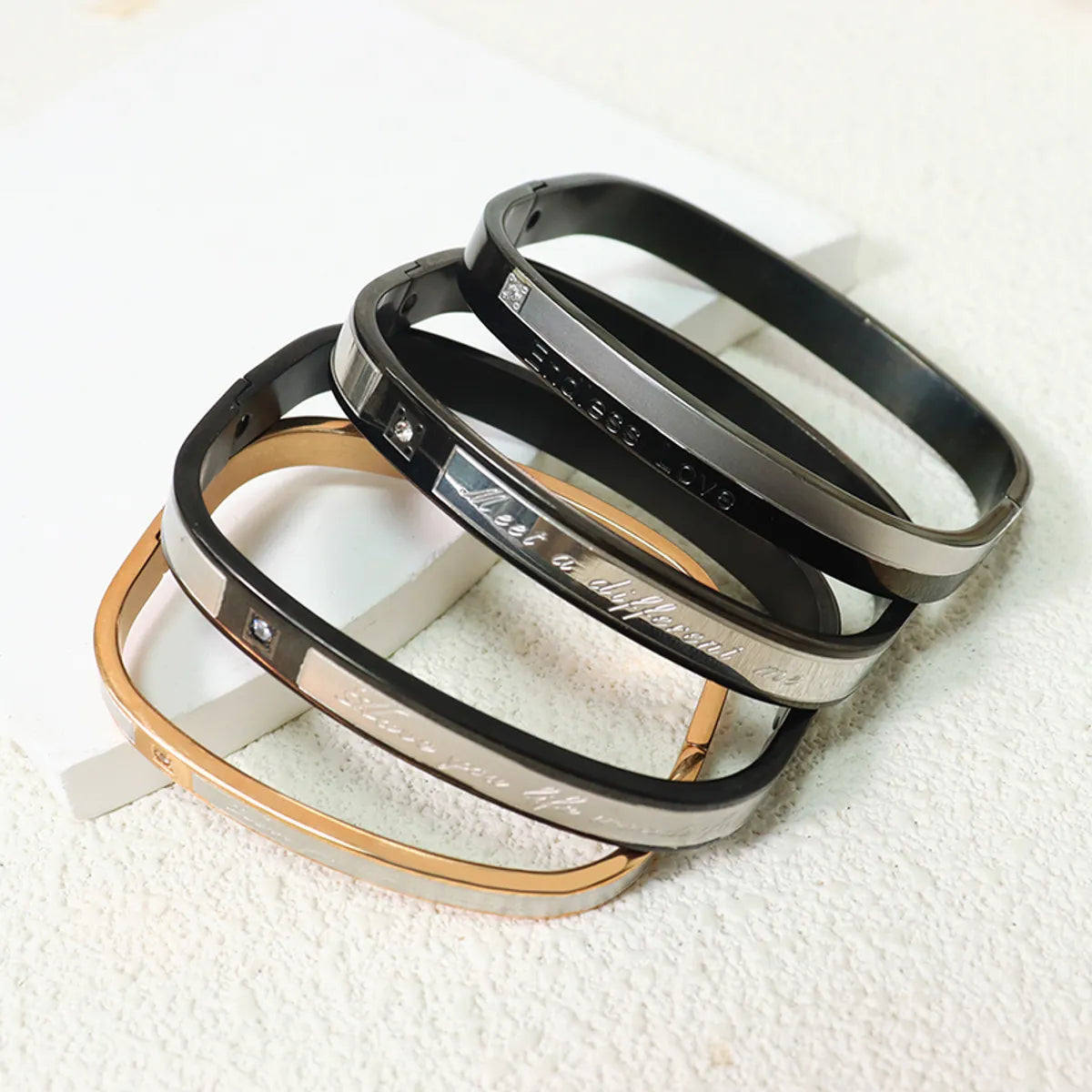 Casual Elegant Simple Style Letter Titanium Steel Plating Inlay Carving Zircon 18k Gold Plated Bangle