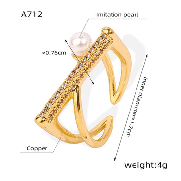 Casual Elegant Simple Style Lines Copper Plating Inlay Artificial Pearls Artificial Diamond 18k Gold Plated Open Rings