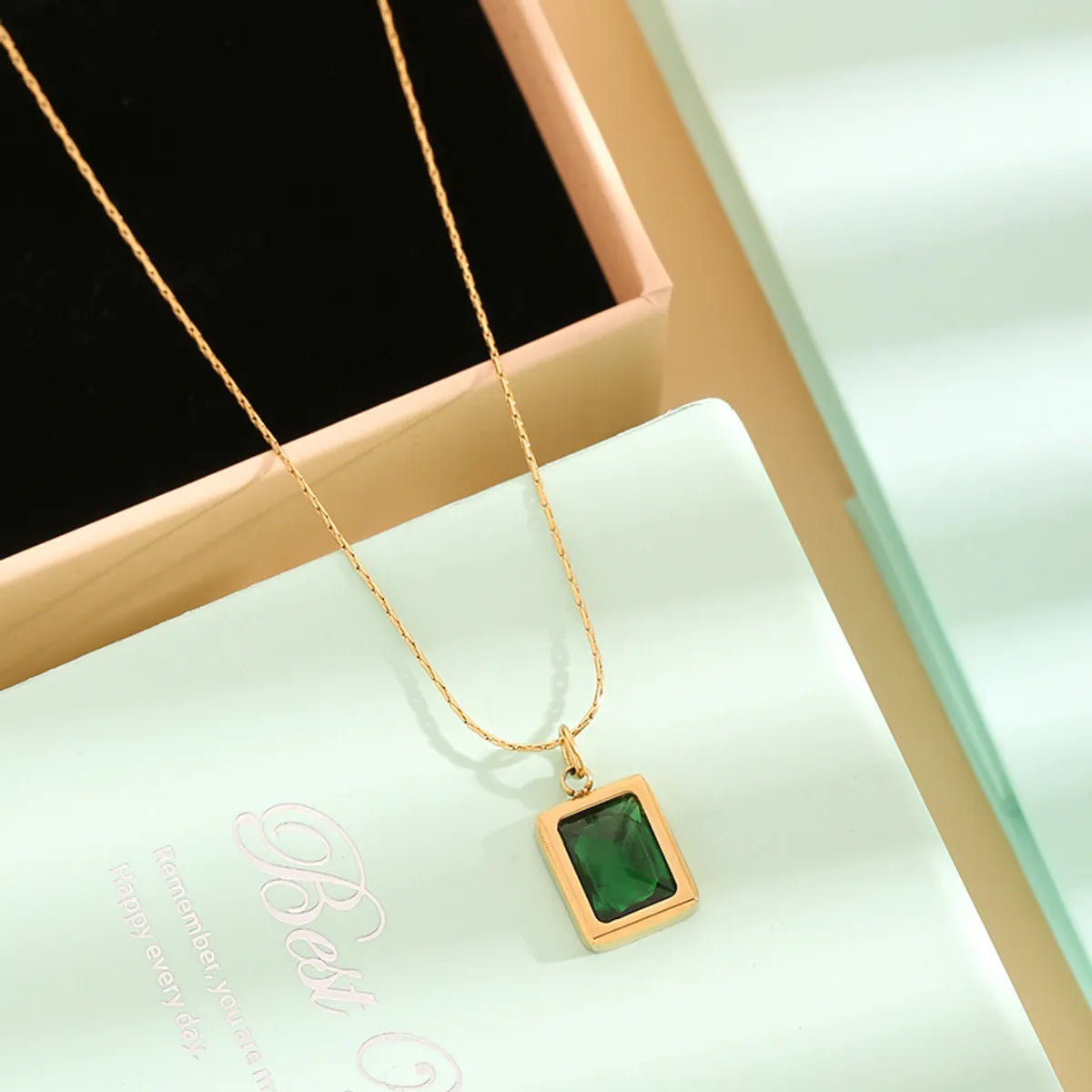 Casual Elegant Simple Style Rectangle Titanium Steel Plating Inlay Rhinestones 18k Gold Plated Pendant Necklace