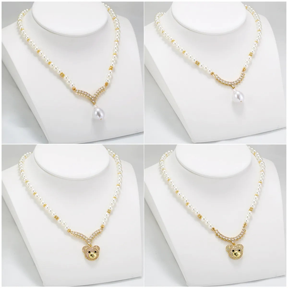 Casual Elegant Simple Style V Shape Little Bear Imitation Pearl Copper Plating Inlay Zircon 18k Gold Plated Pendant Necklace