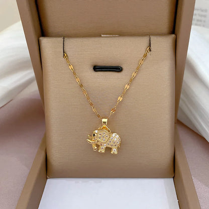 Casual Elephant Stainless Steel Plating Inlay Opal Zircon 18k Gold Plated Pendant Necklace