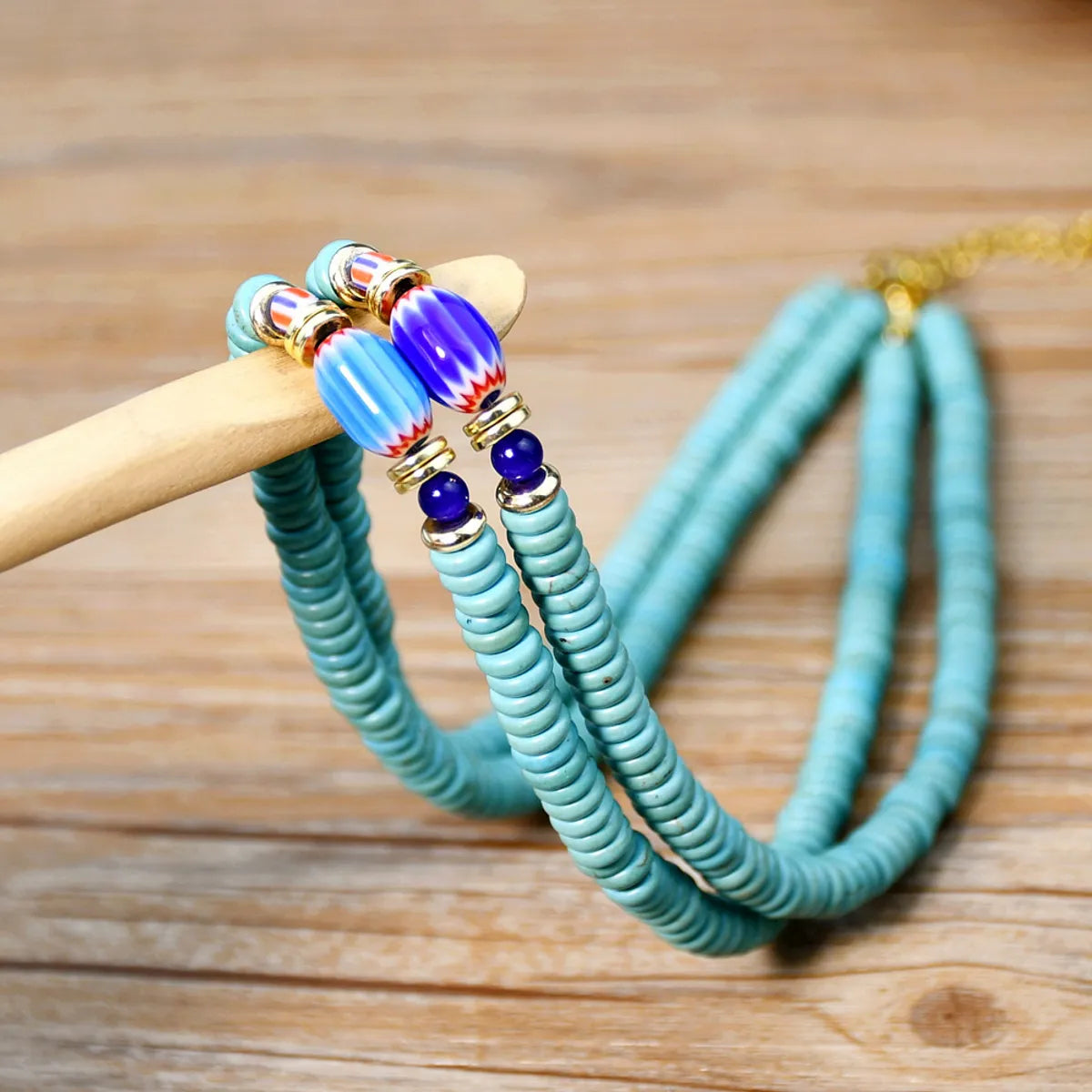 Casual Ethnic Style Geometric Turquoise Beaded Gold Plated Necklace