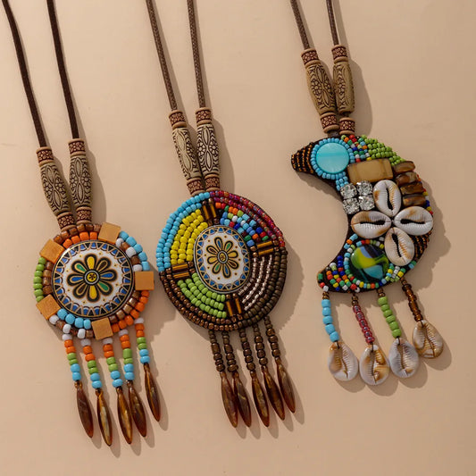 Casual Ethnic Style Printing Glass Leather Rope Wholesale Pendant Necklace