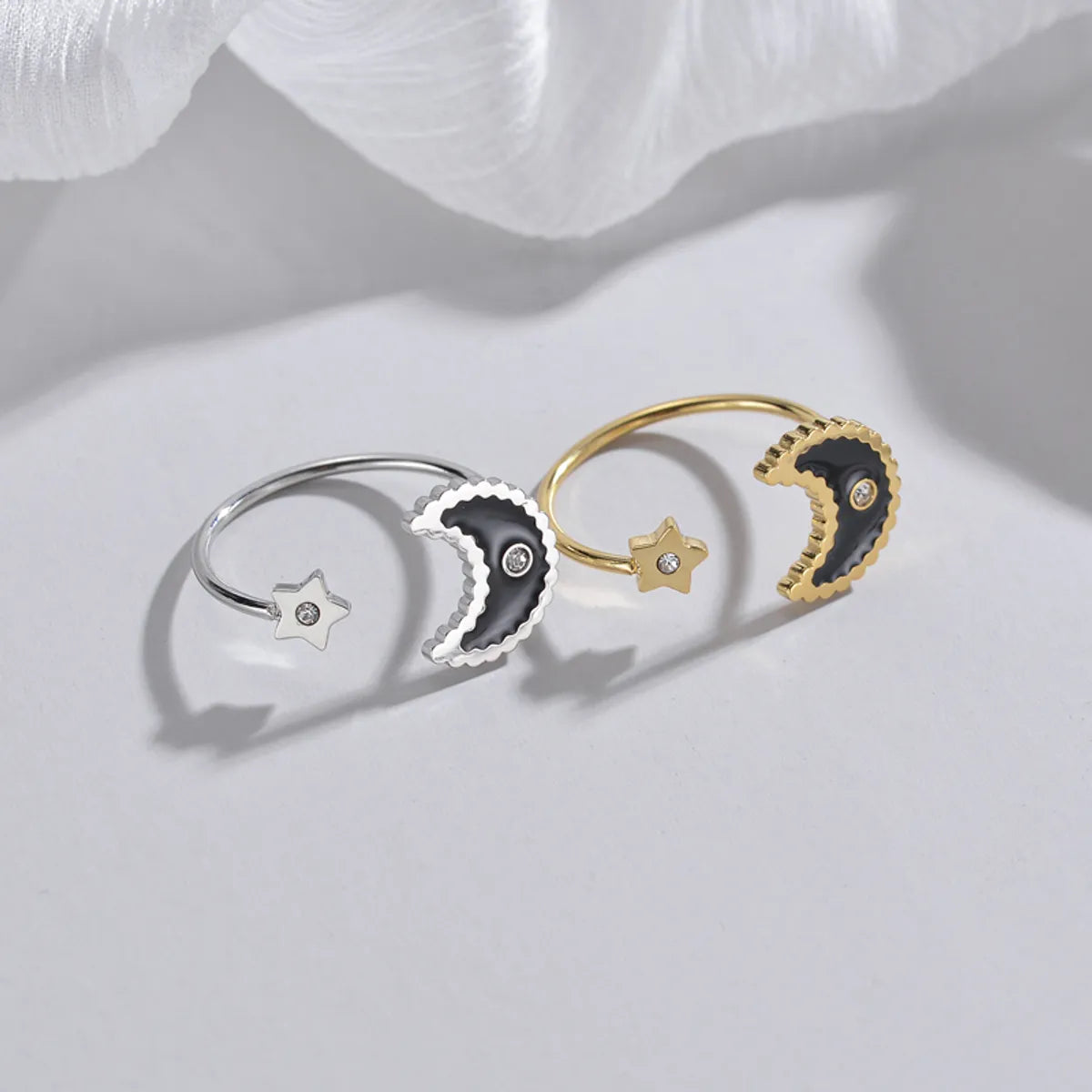 Casual Ethnic Style Star Moon Stainless Steel 14k Gold Plated Zircon Open Rings In Bulk