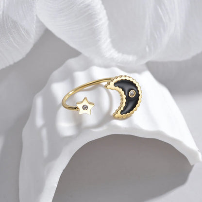 Casual Ethnic Style Star Moon Stainless Steel 14k Gold Plated Zircon Open Rings In Bulk