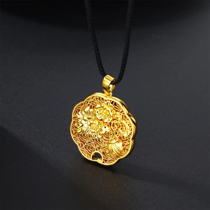 Casual Flower Gourd Dragon Rope Copper Hollow Out 24K Gold Plated Men'S Pendant Necklace