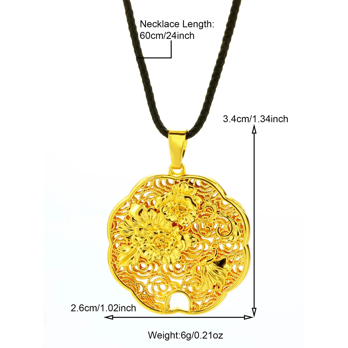 Casual Flower Gourd Dragon Rope Copper Hollow Out 24K Gold Plated Men'S Pendant Necklace