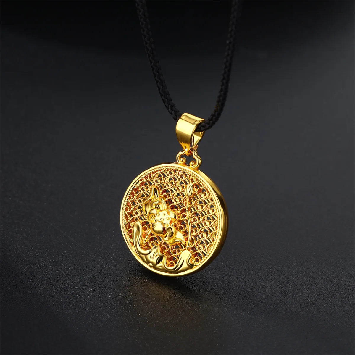 Casual Flower Gourd Dragon Rope Copper Hollow Out 24K Gold Plated Men'S Pendant Necklace