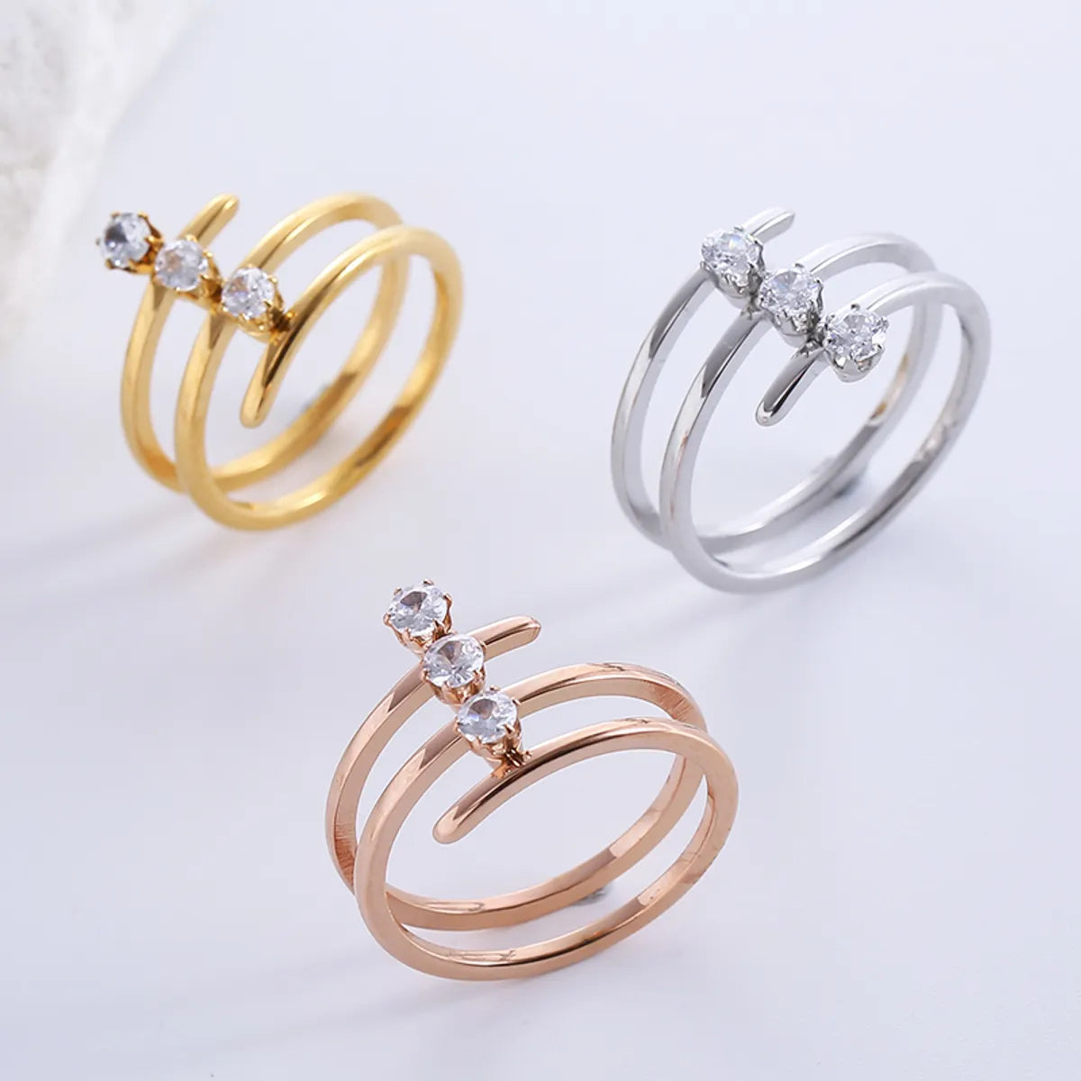 Casual Formal Lines Stainless Steel Inlay Zircon 18k Gold Plated Rings