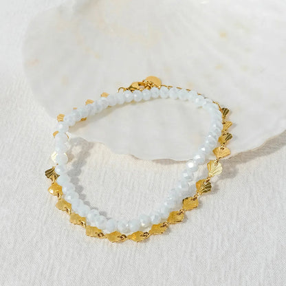 Casual French Style Beach Round Ginkgo Leaf 14K Gold Plated 304 Stainless Steel Seed Bead Wholesale Bracelets